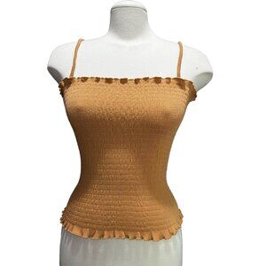 Chaser Smocked Spaghetti Strap Ruffle Hem Shirt Sz Small Womens Beige Soft Summe